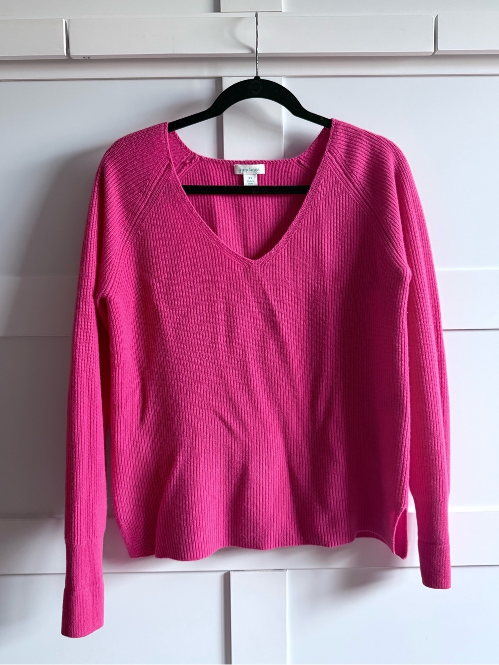 Sundance Bright Pink V-Neck Ribbed Sweater - 100% Cashmere